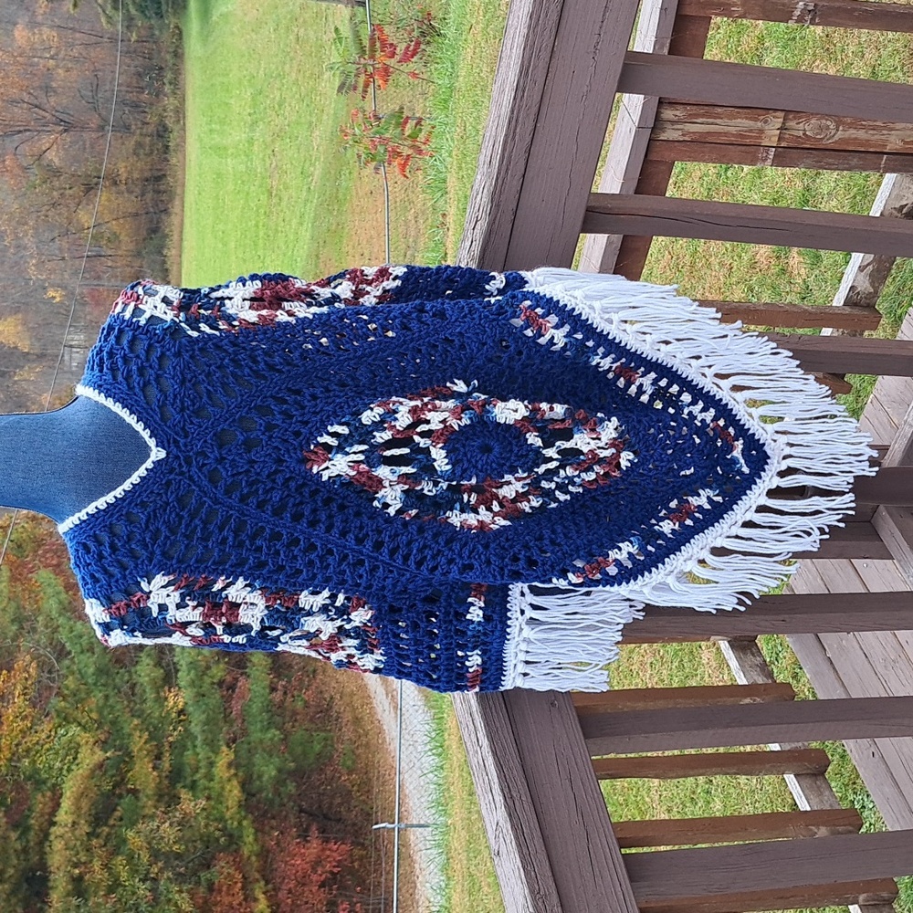 Hand Crafted Crochet Chunky Navy Blue White Burgundy Poncho Essential Boho - Picture 8 of 13